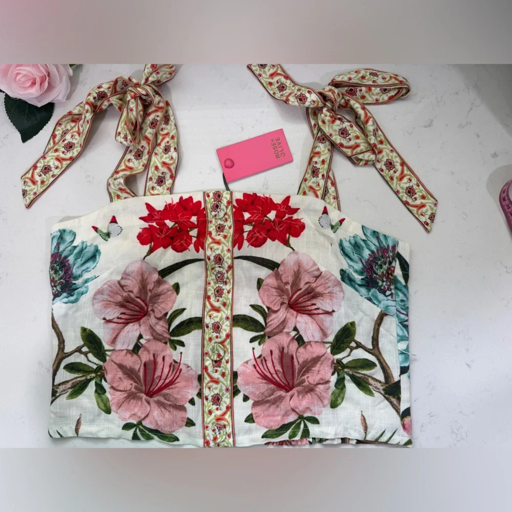 Rose & Olive Floral Tie-Strap Top - Pink, Red, Green - Picture 3 of 8